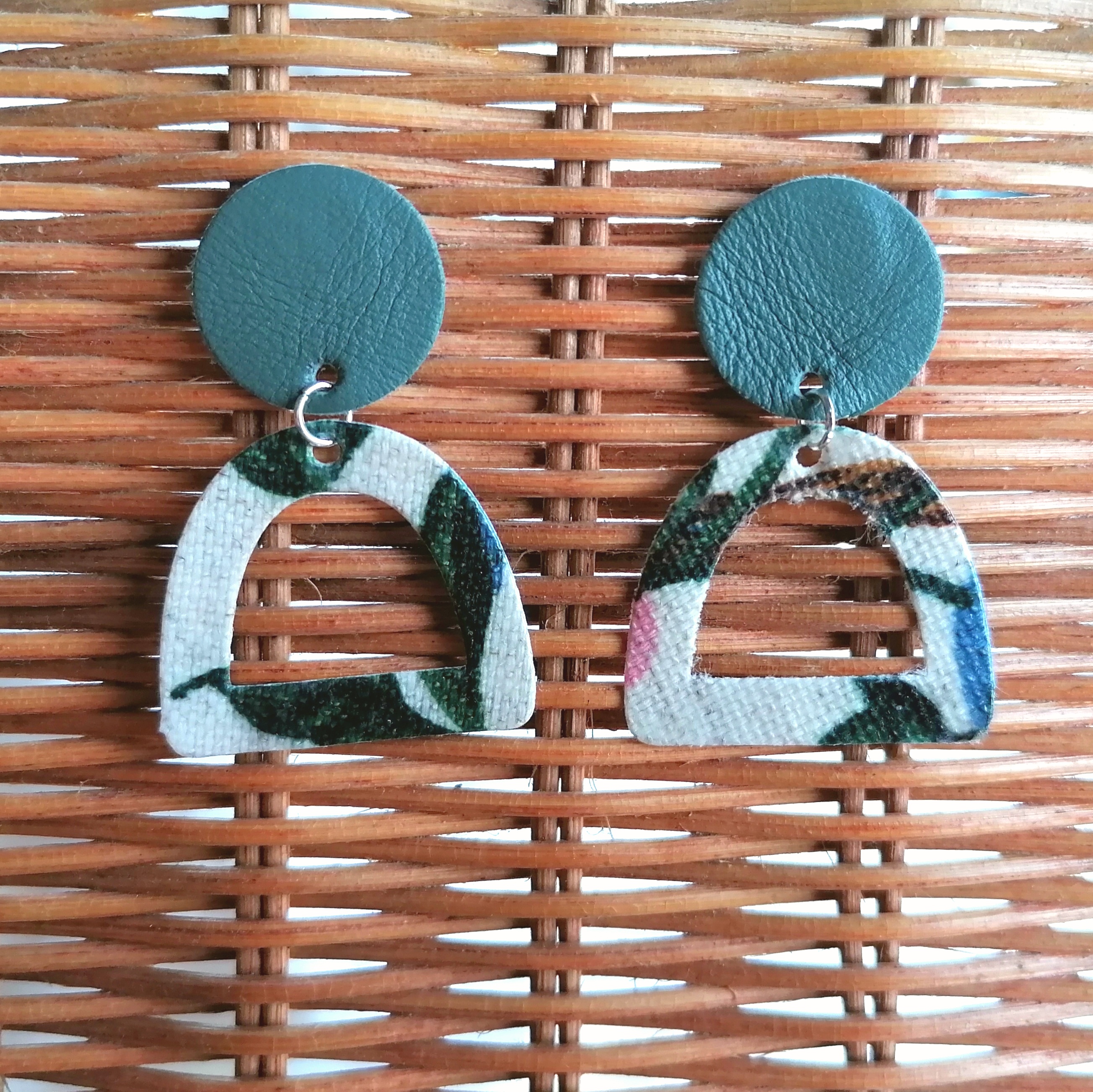 Recycled Vintage Fabric and Leather Stud Earrings- Sage Green and Foliage
