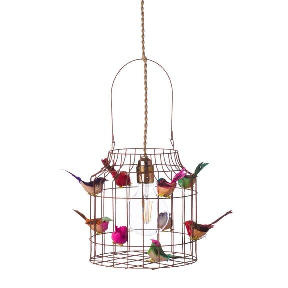 Roestbruine vogelkooi lamp met 9 gekleurde vogeltjes, small