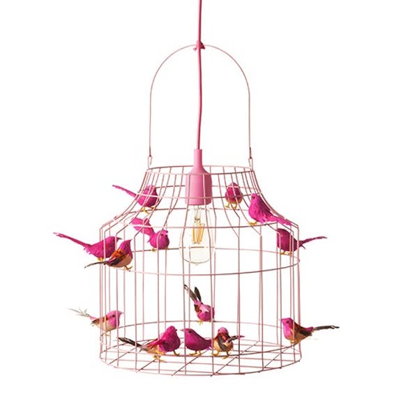 Roze vogelkooilamp met 14 vogeltjes, medium