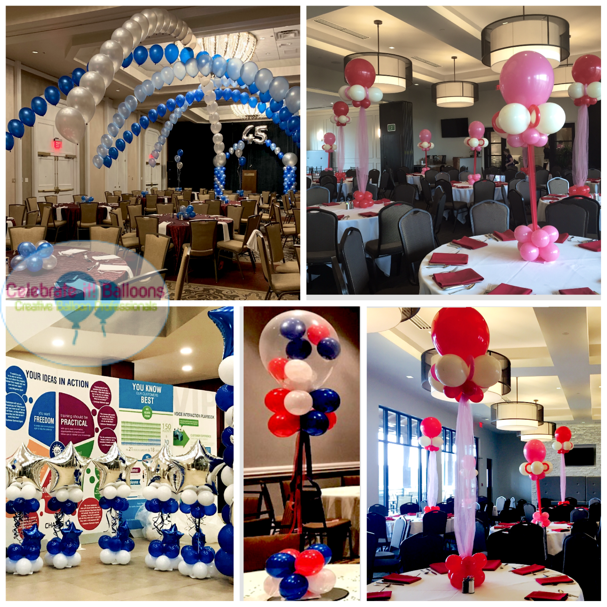 String of pearls arch centerpieces with balloon base, stuffed balloon centerpiece, oversized topper