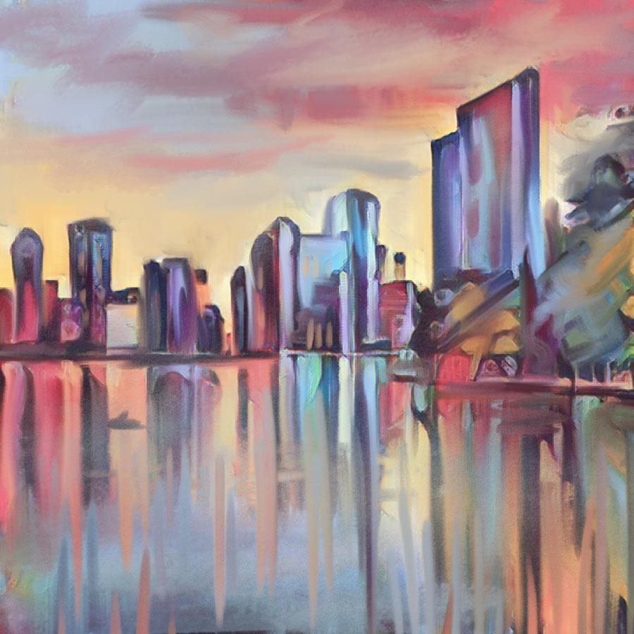 Abstract en kleurig werk - stad skyline bij meer