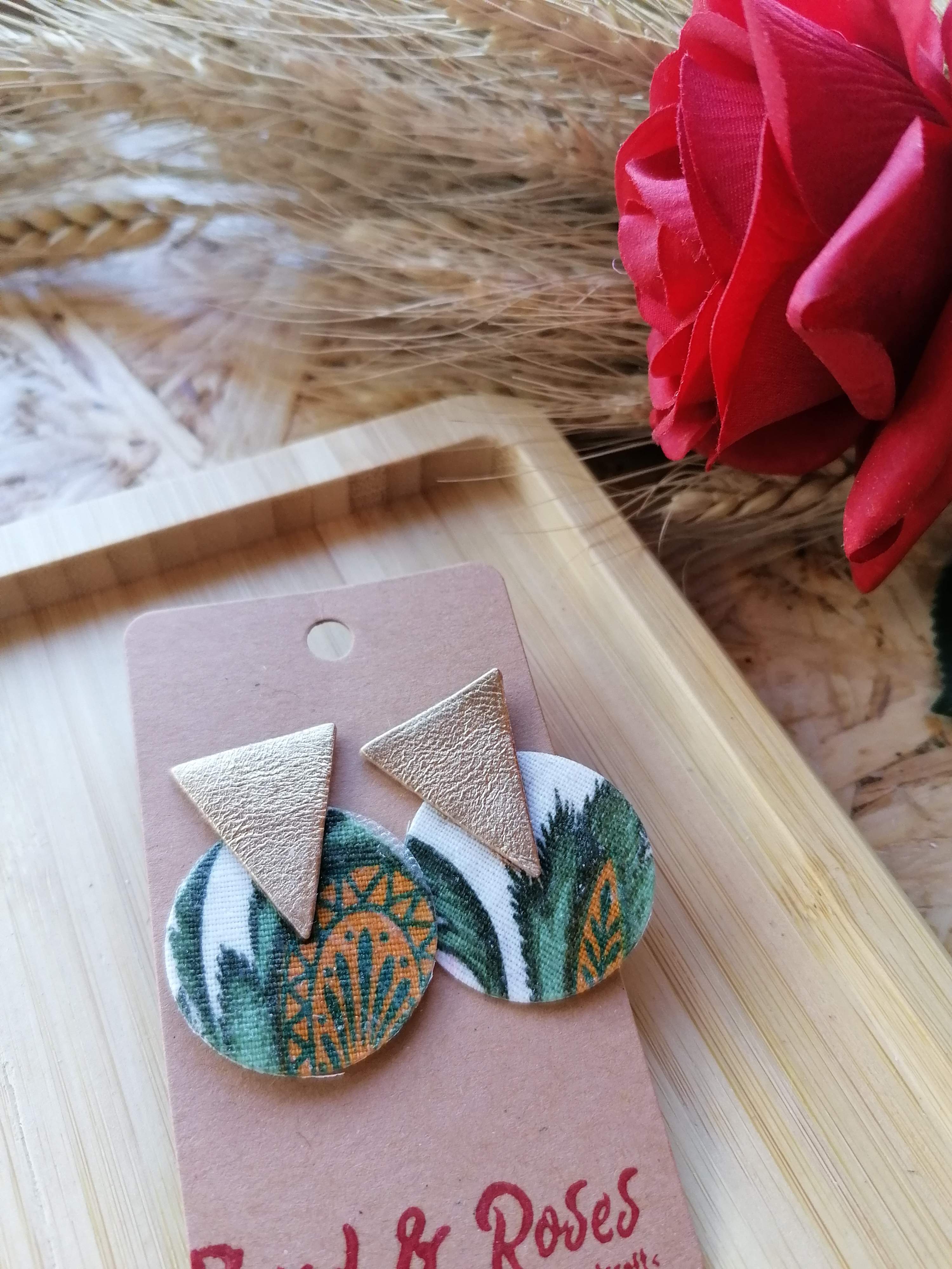 Recycled Vintage Fabric and Leather Stud Earrings - Gold & Green