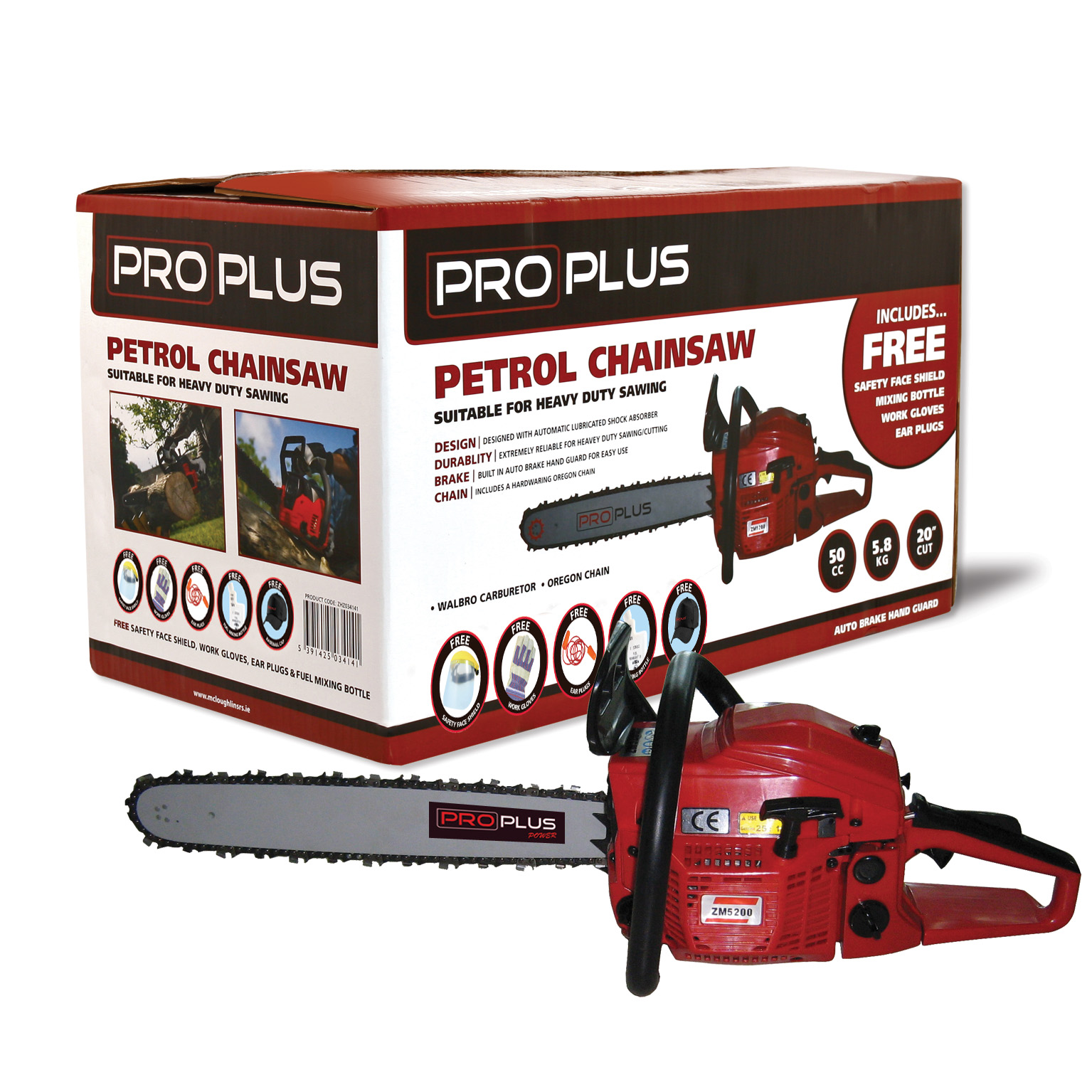 ProPlus Chain Saw 50cc, 20in Bar, Oregon Chain, Free kit includes safety face shield, ear plugs, work gloves and fuel mixing bottle