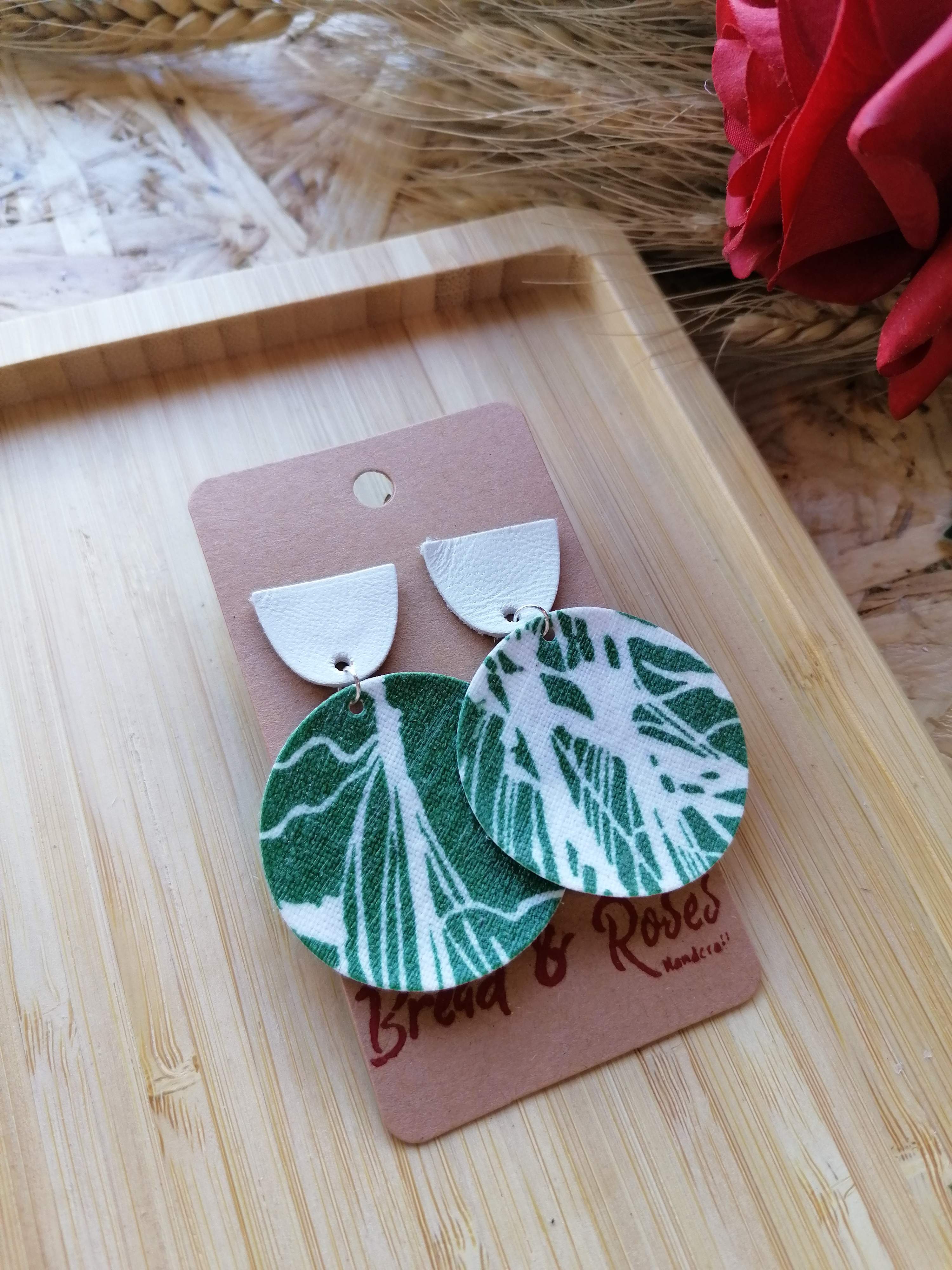 Recycled Vintage Fabric and Leather Stud Earrings- Green & White Lightning