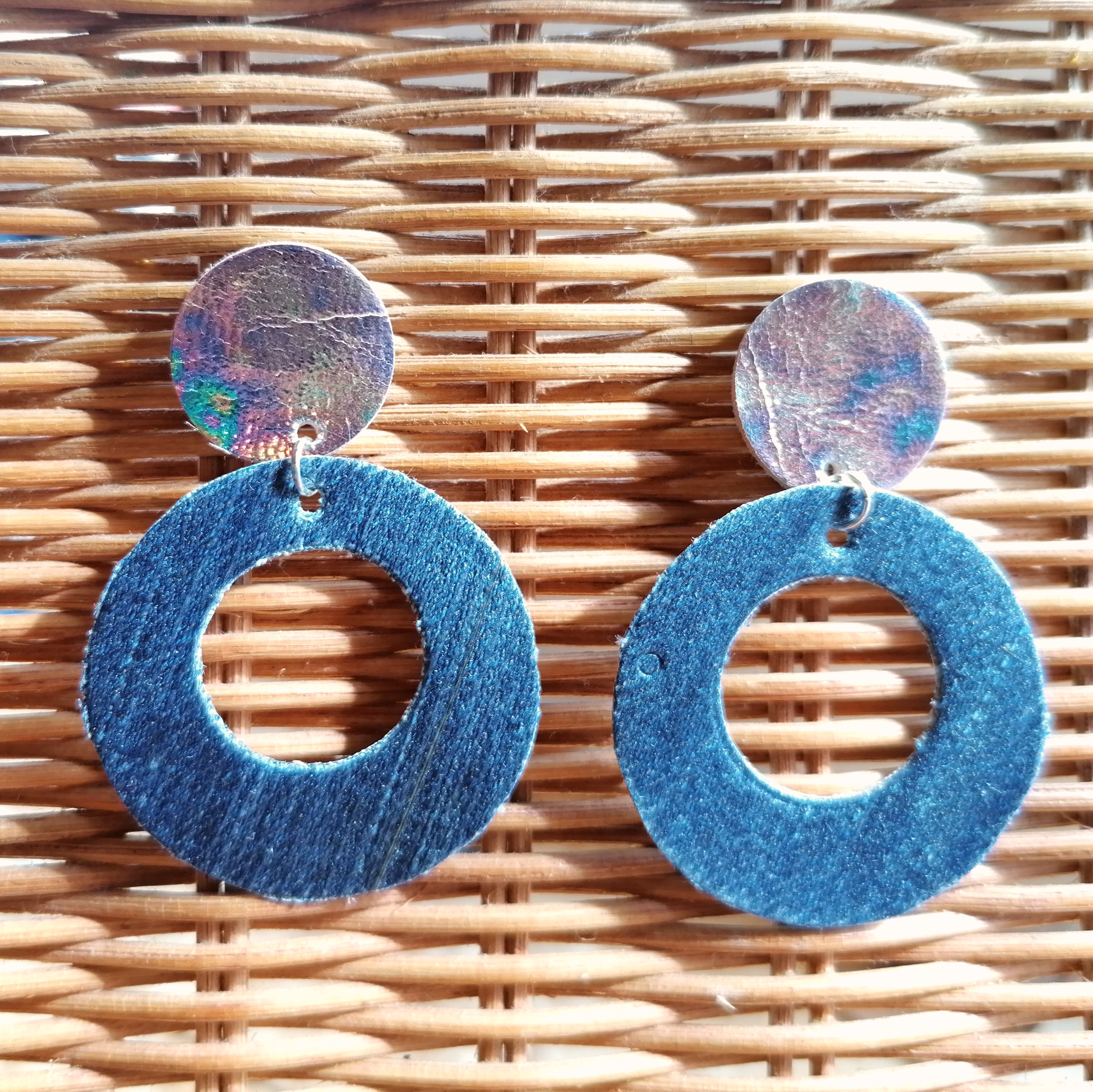 Recycled Vintage Fabric and Leather Stud Earrings- Denim and Petrol Leather