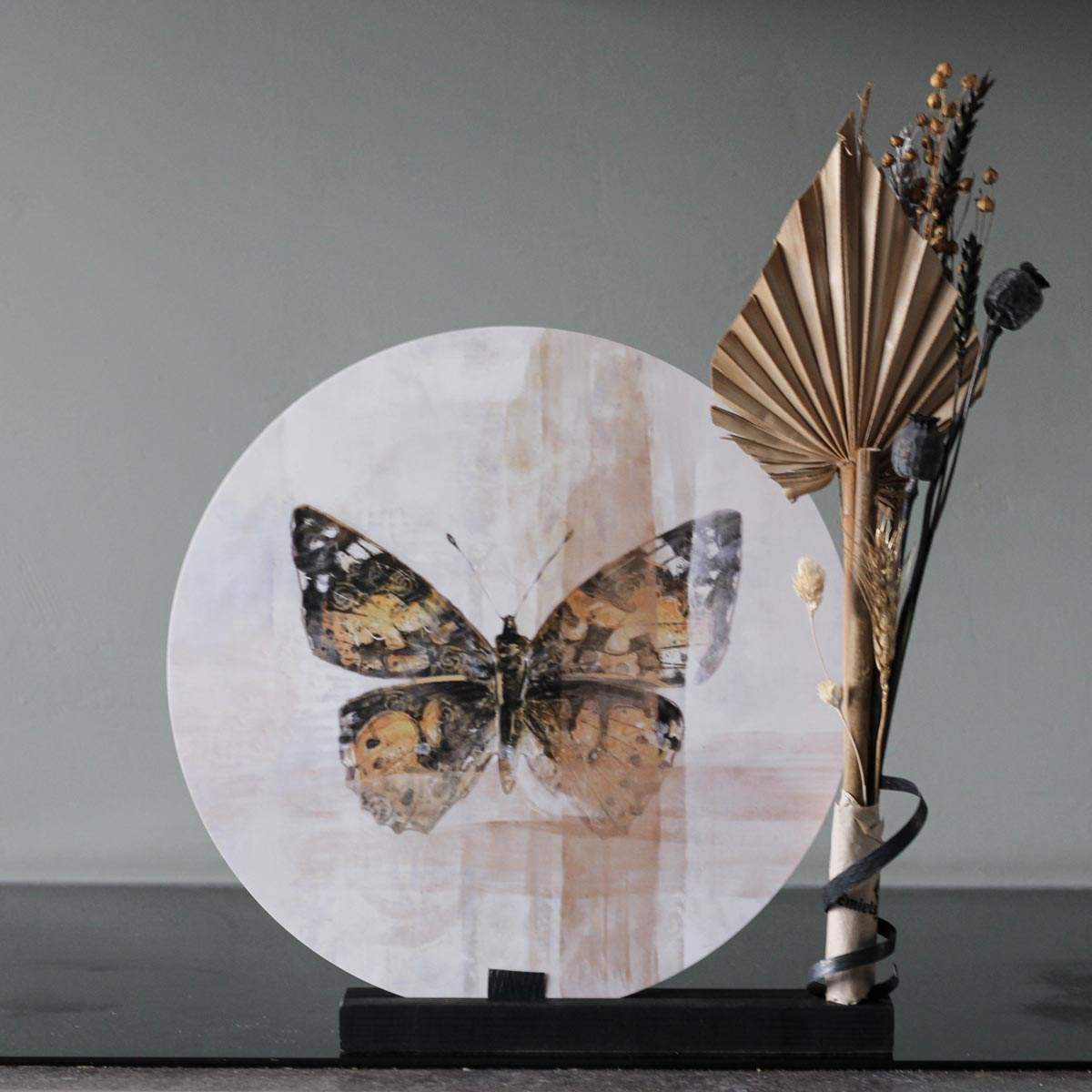 Deco Cirkel 30 cm diameter - zwart en goudbruin - vlinder
