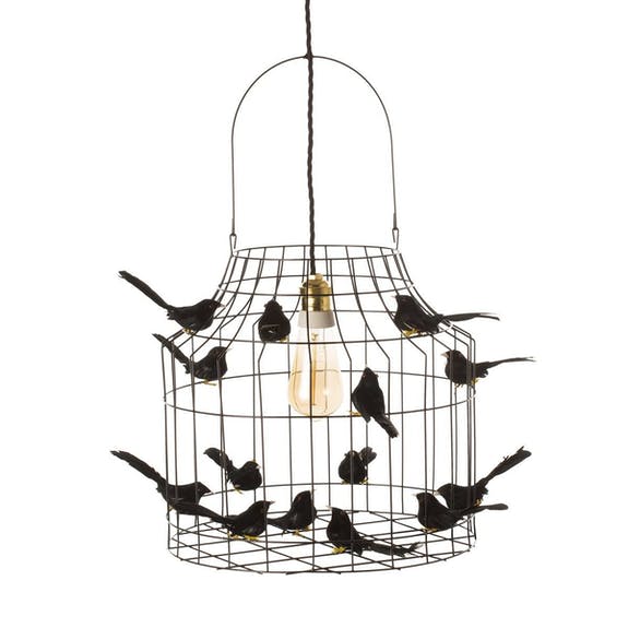 Zwart gelakte vogelkooilamp met 14 vogeltjes, medium