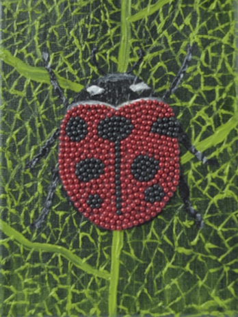 Ladybug. Body is made out of red pearls. The rest is painted with oil on canvas. 20x20
