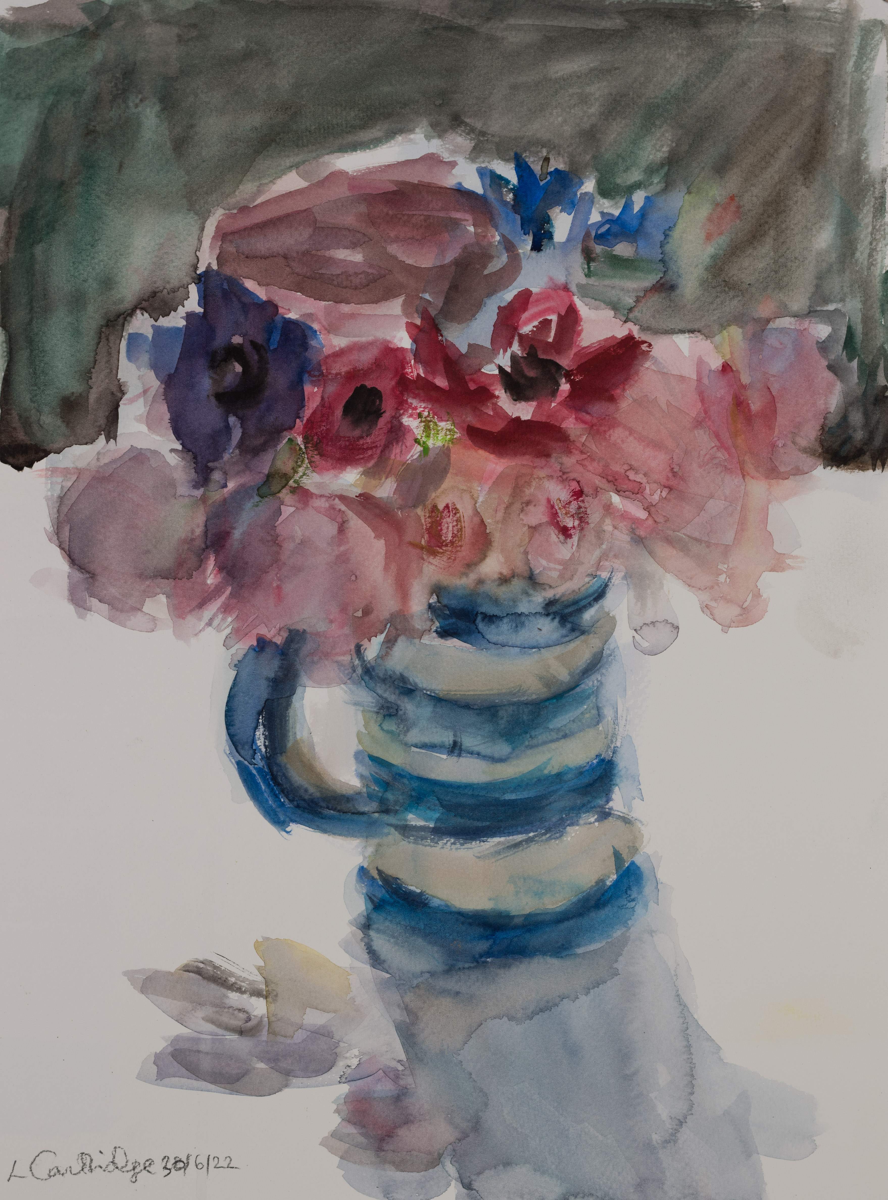 SOLD  Anemones, Roses and Striped Jug