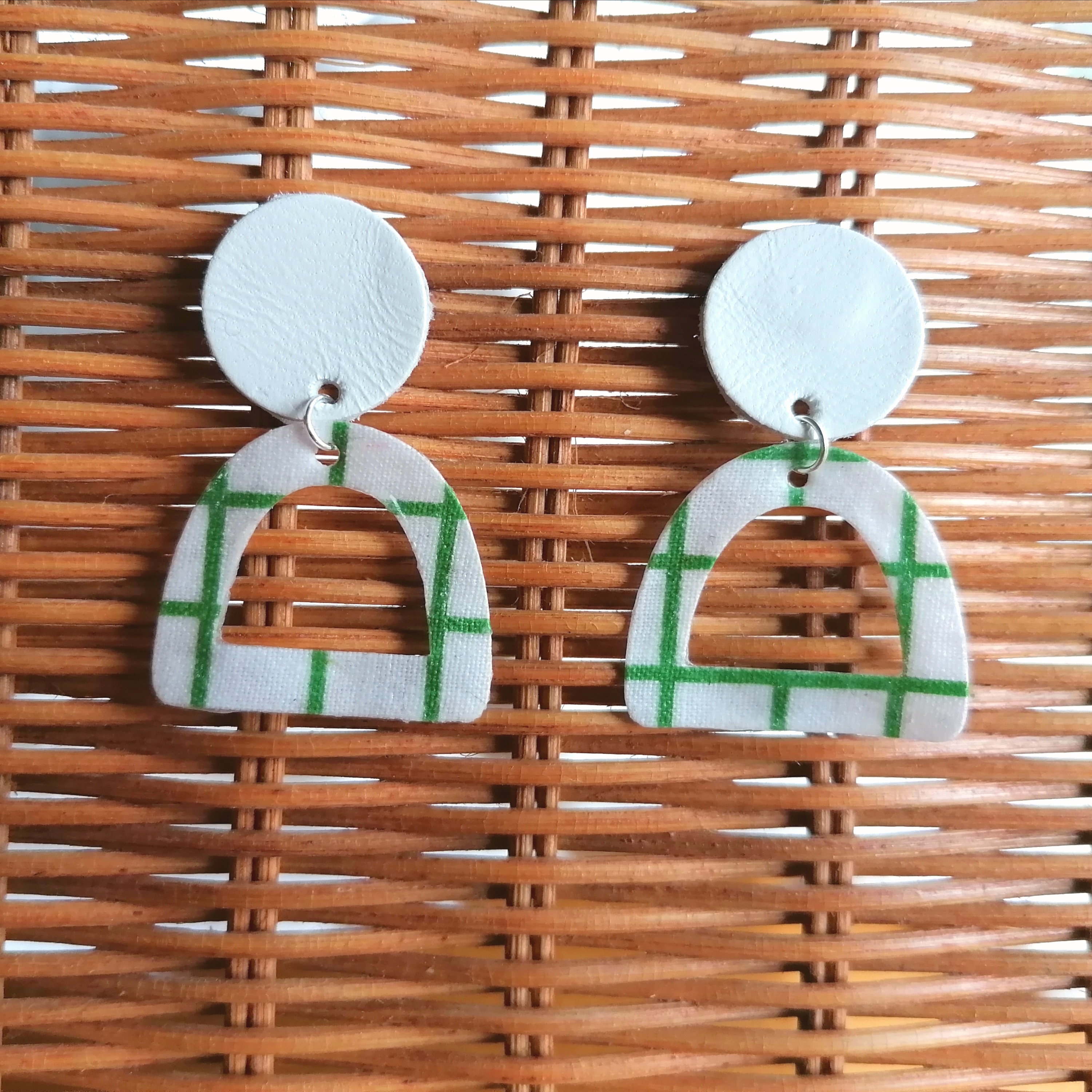 Recycled Vintage Fabric and Leather Stud Earrings - White and Green Grid