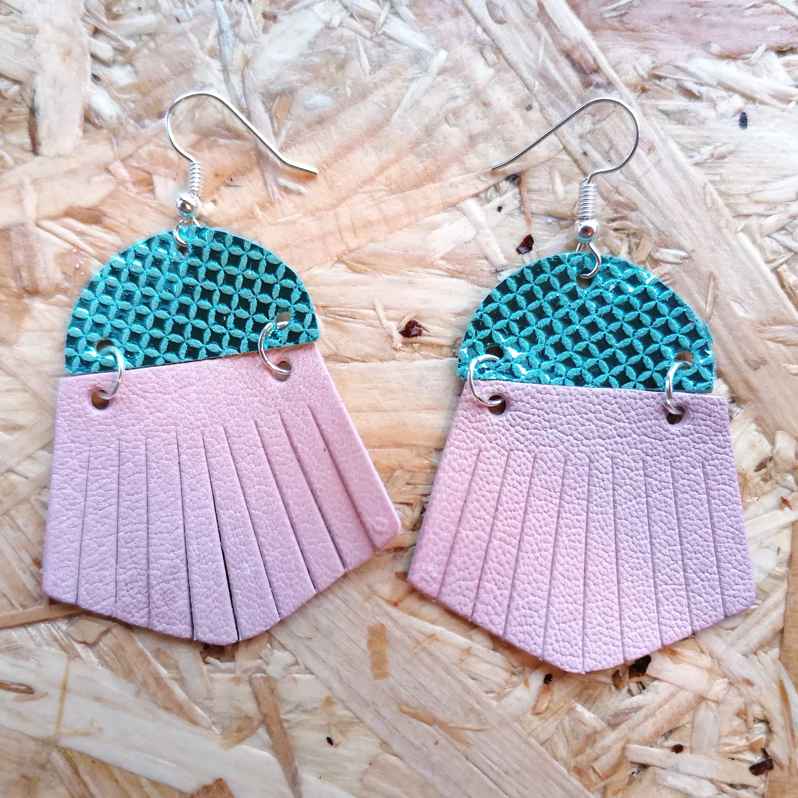 Shimmering Blue and Pale Pink Fringed Leather Earrings