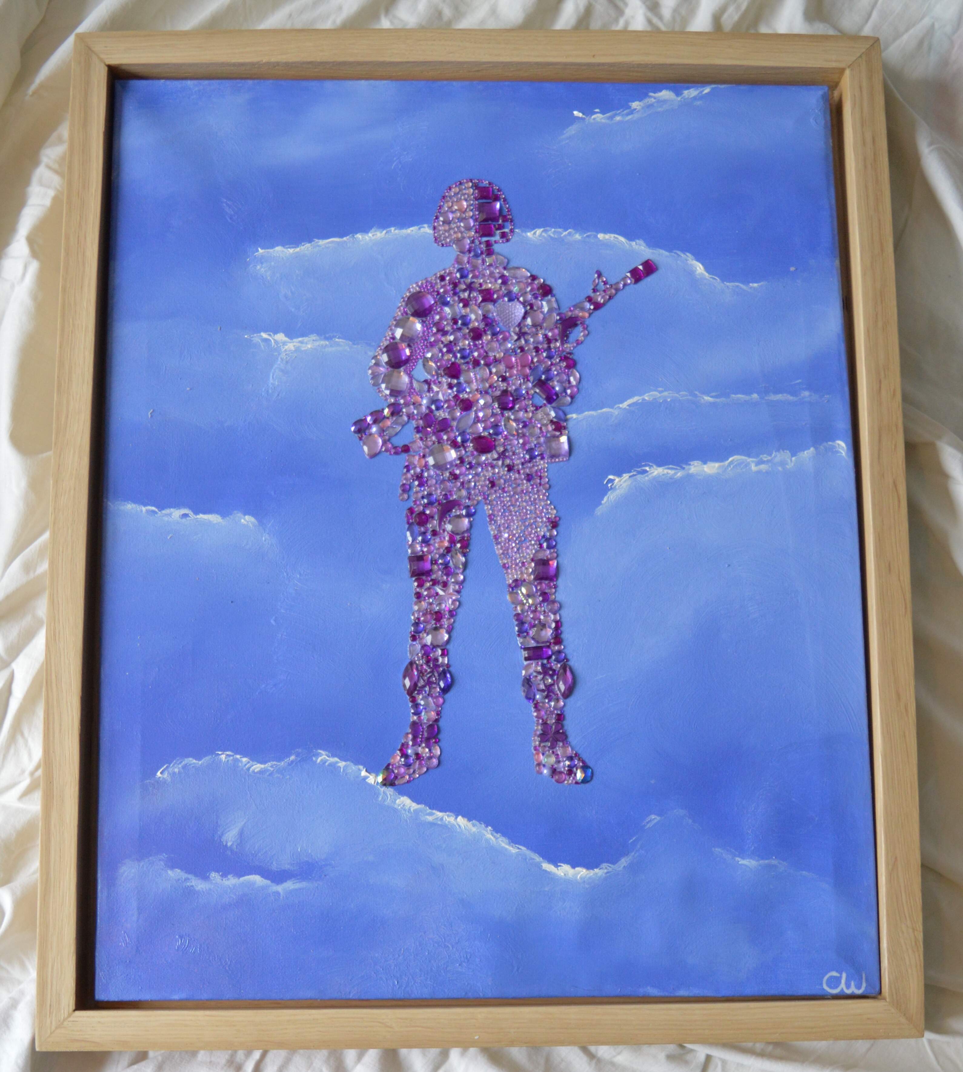 Life is; a purple soldier flying in the clouds (oil and glitter)