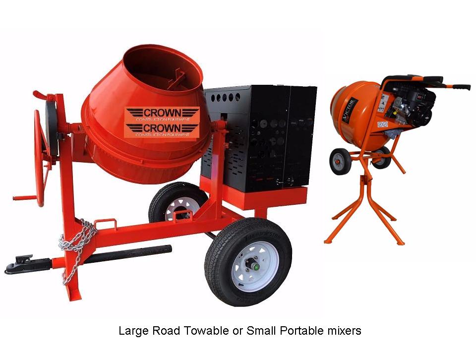 Range of concrete mixers from small portable petrol and electric mixers to road towable and site diesel mixers