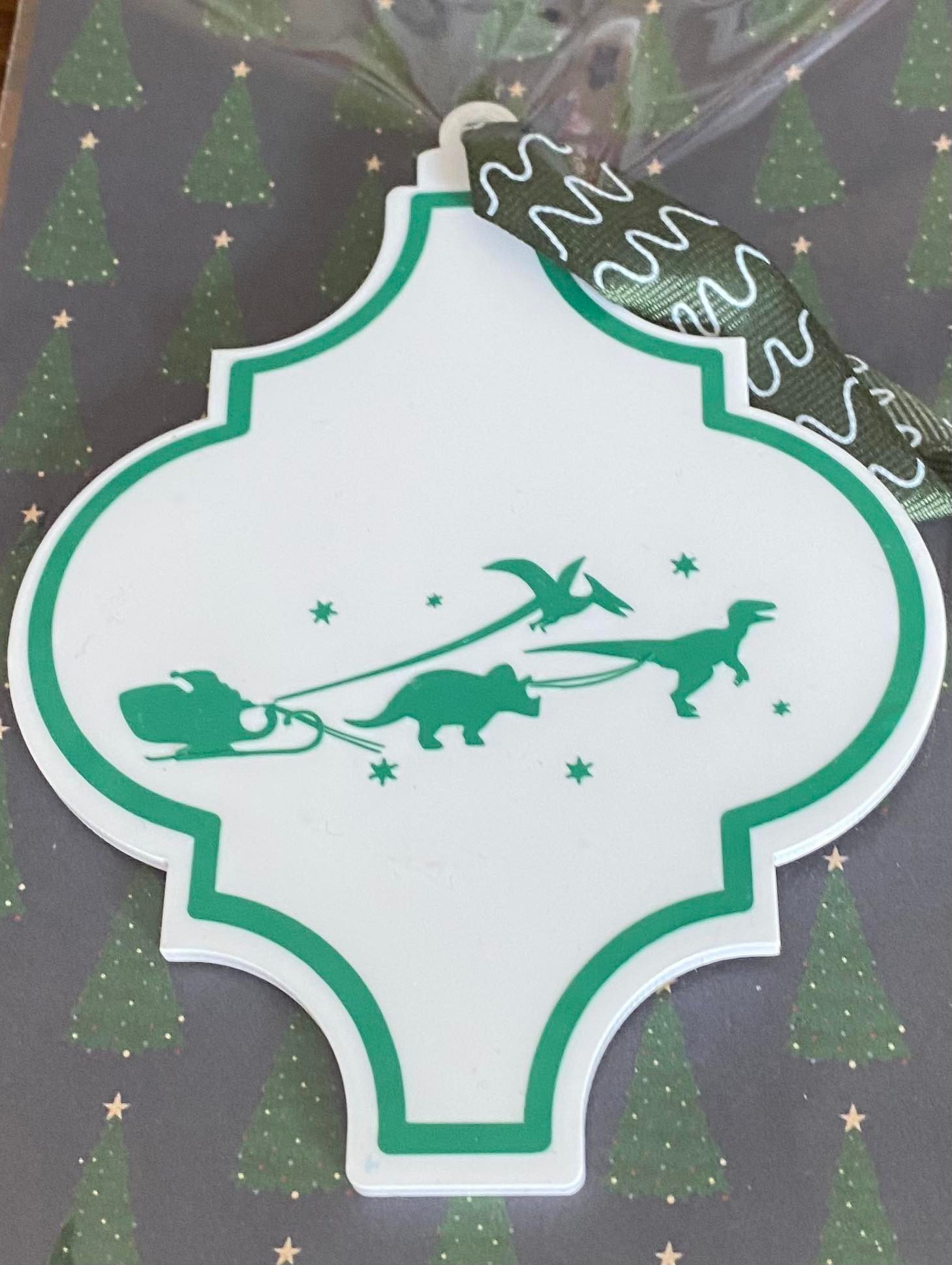 Acrylic Arabesque Santa with Dinosaur Sleigh Decoration