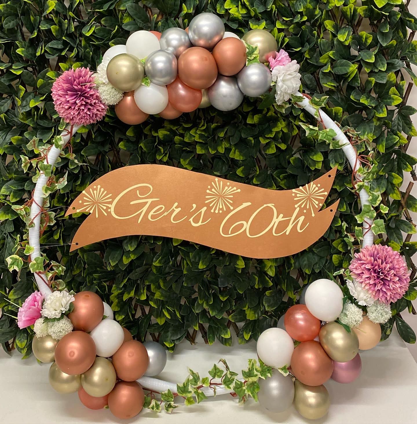 Elaborate Floral Balloon Hoop with Personalised Messasge Banner and I