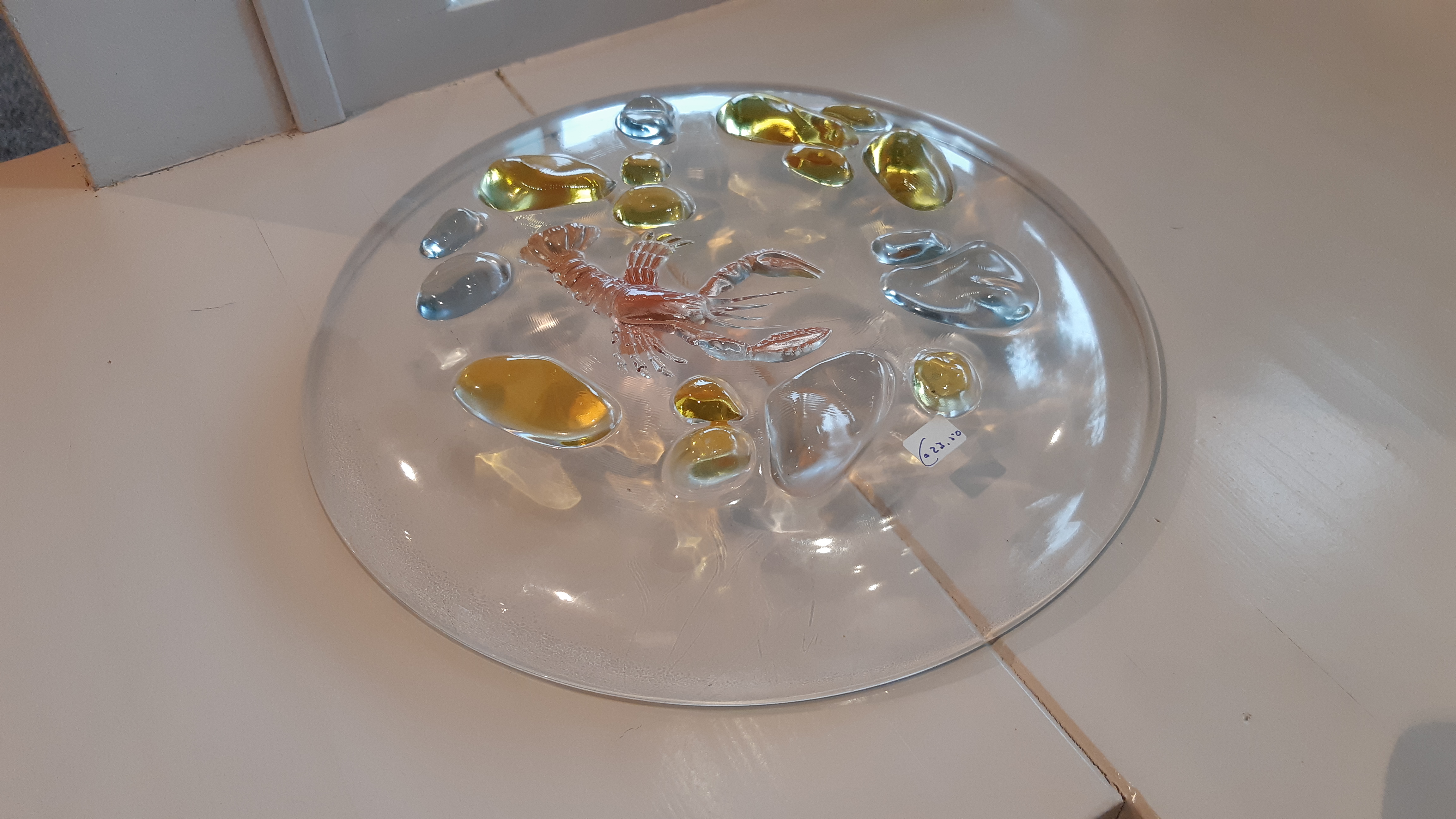 (verkocht) mooi vintage glazen serveerbord met decor gemaakt bij Luminarc