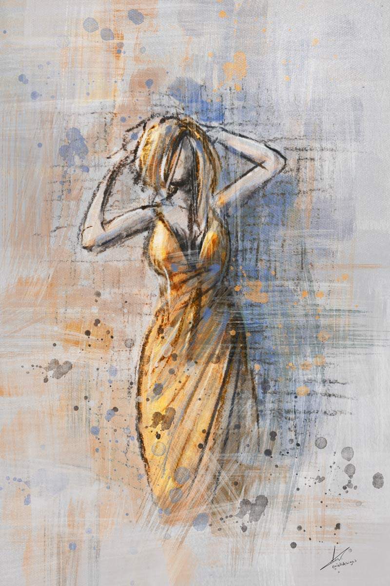 Vrouw met gele jurk - abstract kunstwerk - staand formaat