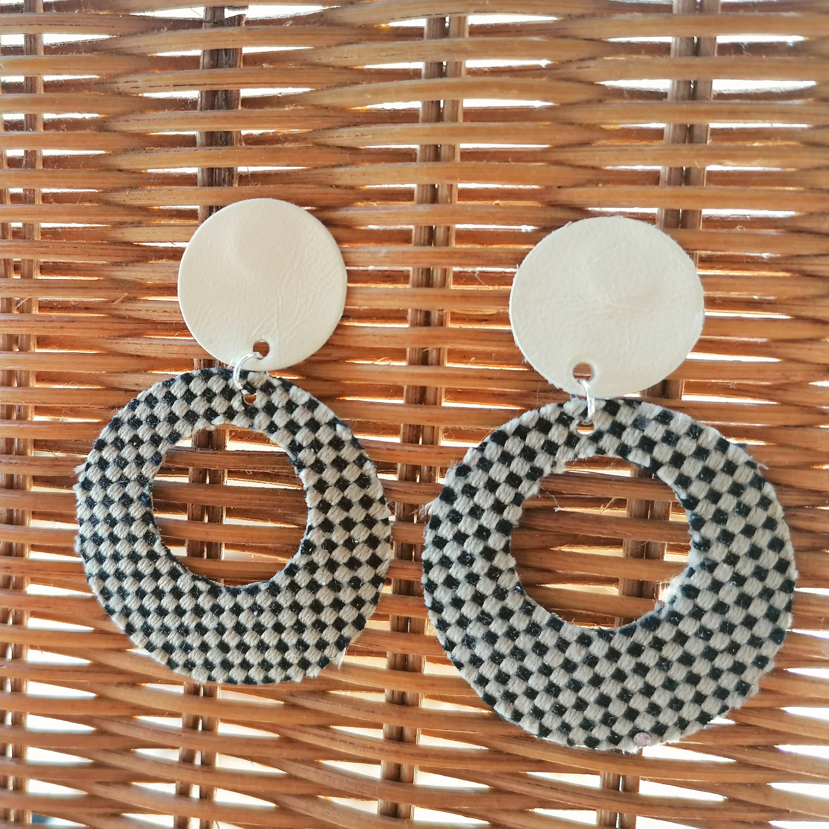 Recycled Vintage Fabric and Leather Stud Earrings- White and Black Ska Style