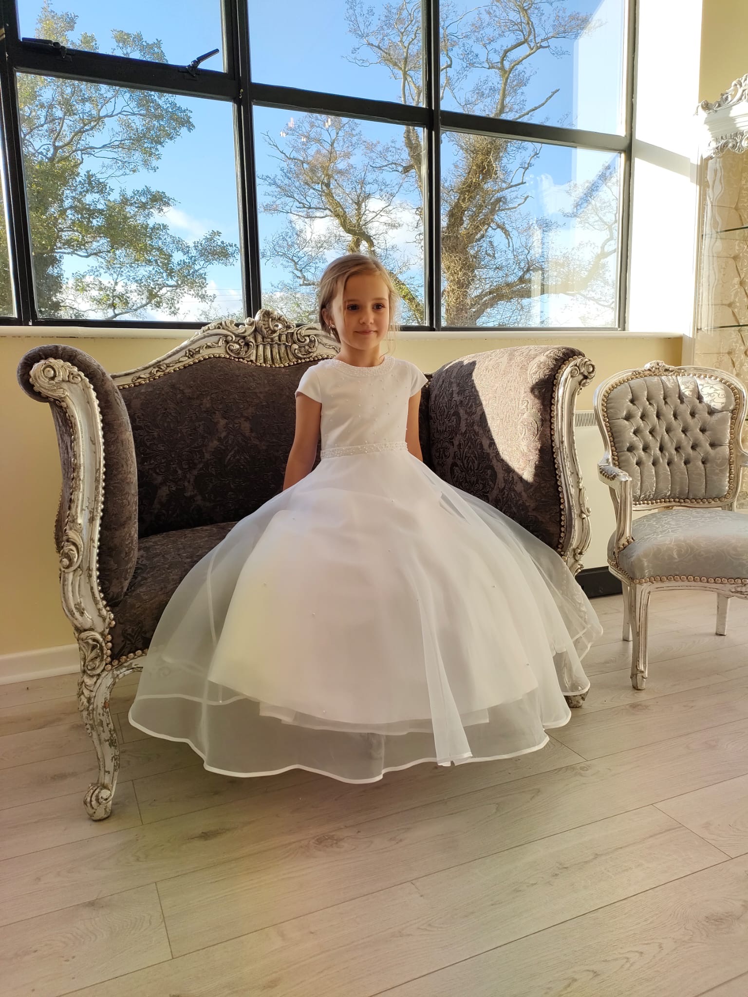 Cap sleeved Communion dress with pearl detail organza skirt