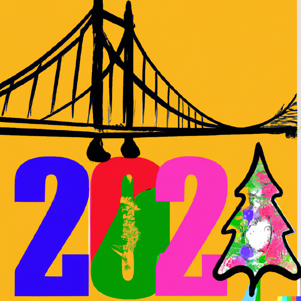 DALLE 2022-12-21 134255 - a andy warhol style christmas card for 2023 with a christmas tree christmas decorations and an illustration of an arch bridge png