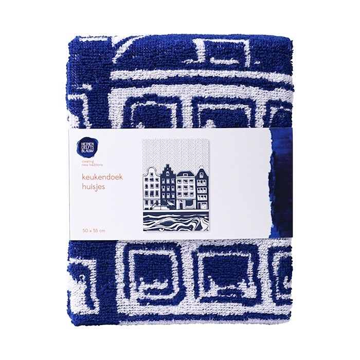 Heinen Delfts Blauw, set van theedoek en keukendoek, Grachtenpandjes.