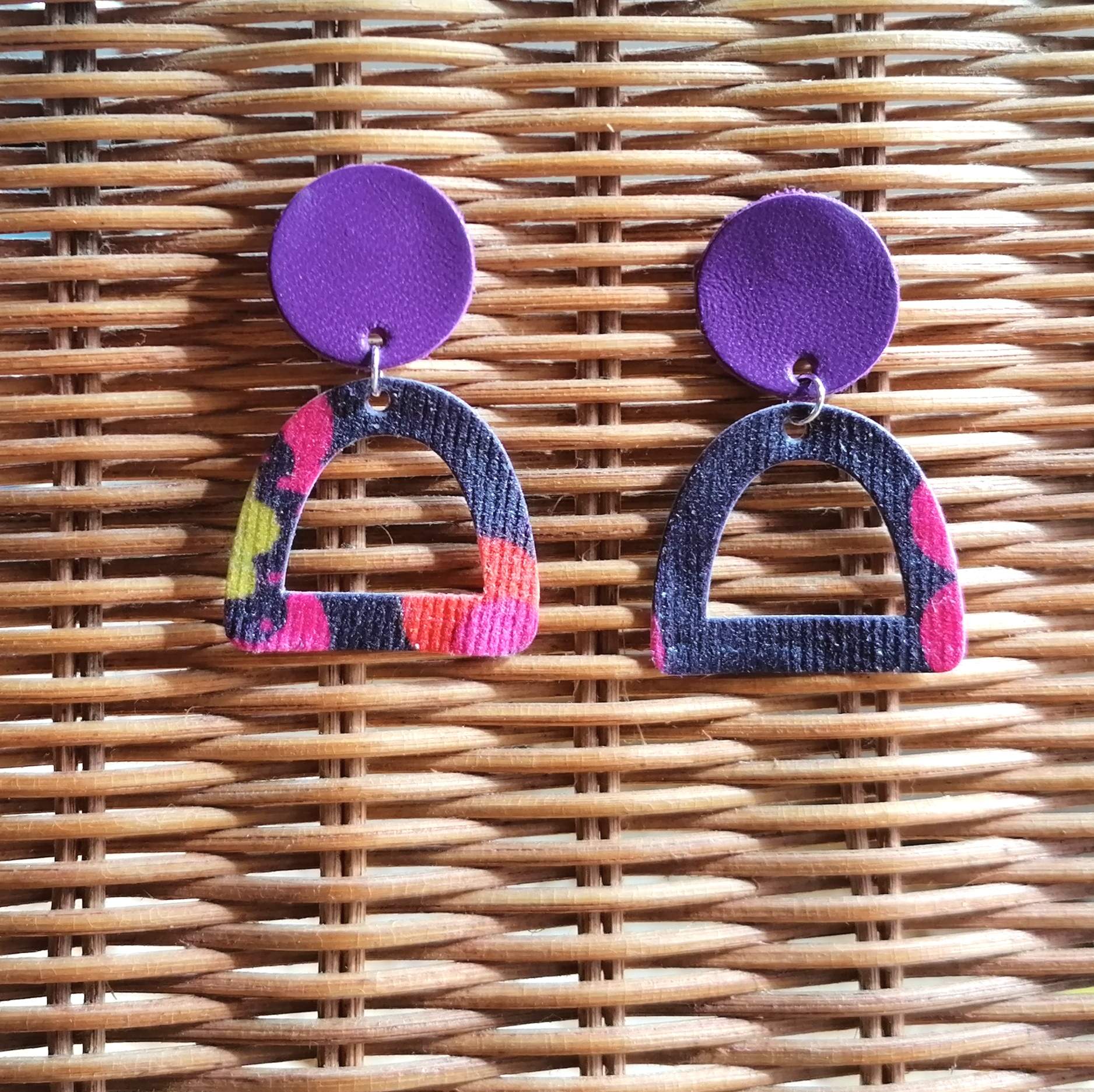 Recycled Vintage Fabric and Leather Stud Earrings-  Purple Flower Power
