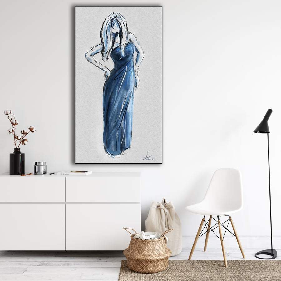 Hoog Smal Abstract kunstwerk - dame in blauwe jurk