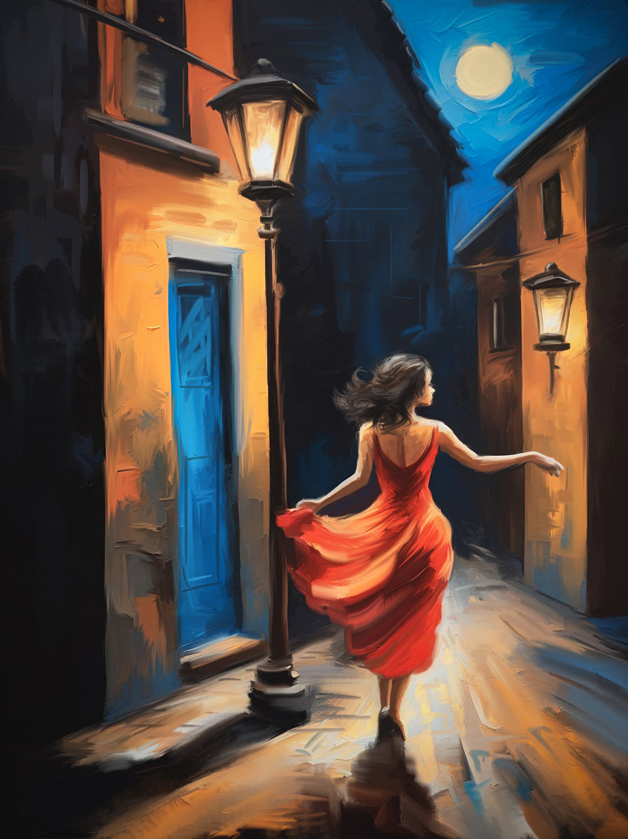 Vrouw met rode jurk loopt door steeg in de stad - olieverf stijl schilderij