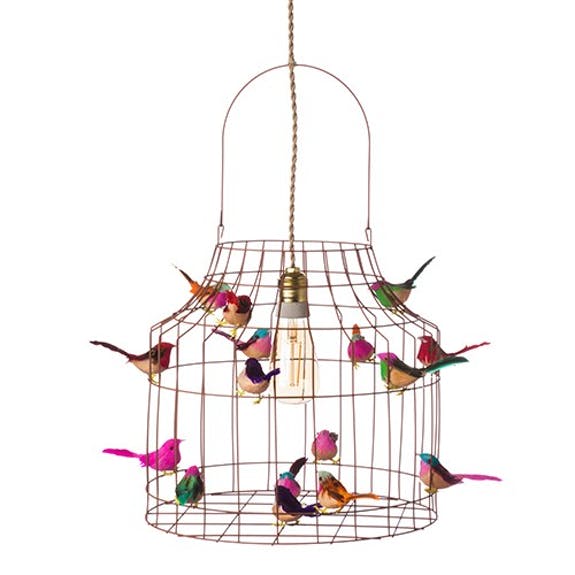 Roestbruine vogelkooilamp met 14 gekleurde vogeltjes, medium