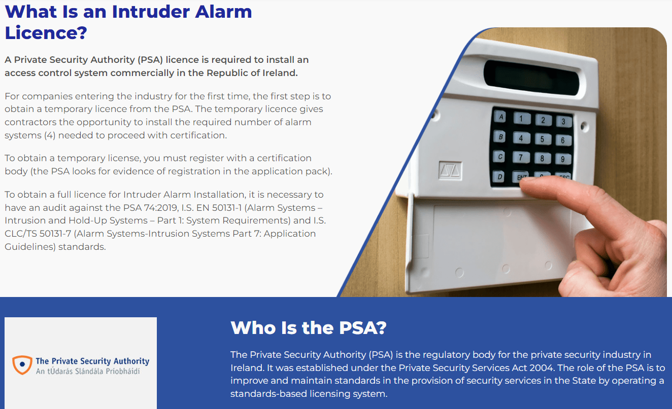 Alarm Security Dublin Certified by the PSA in Ireland