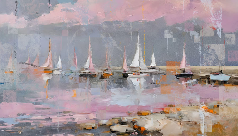 Zeilboten in de haven met roze oranje en grijsblauw