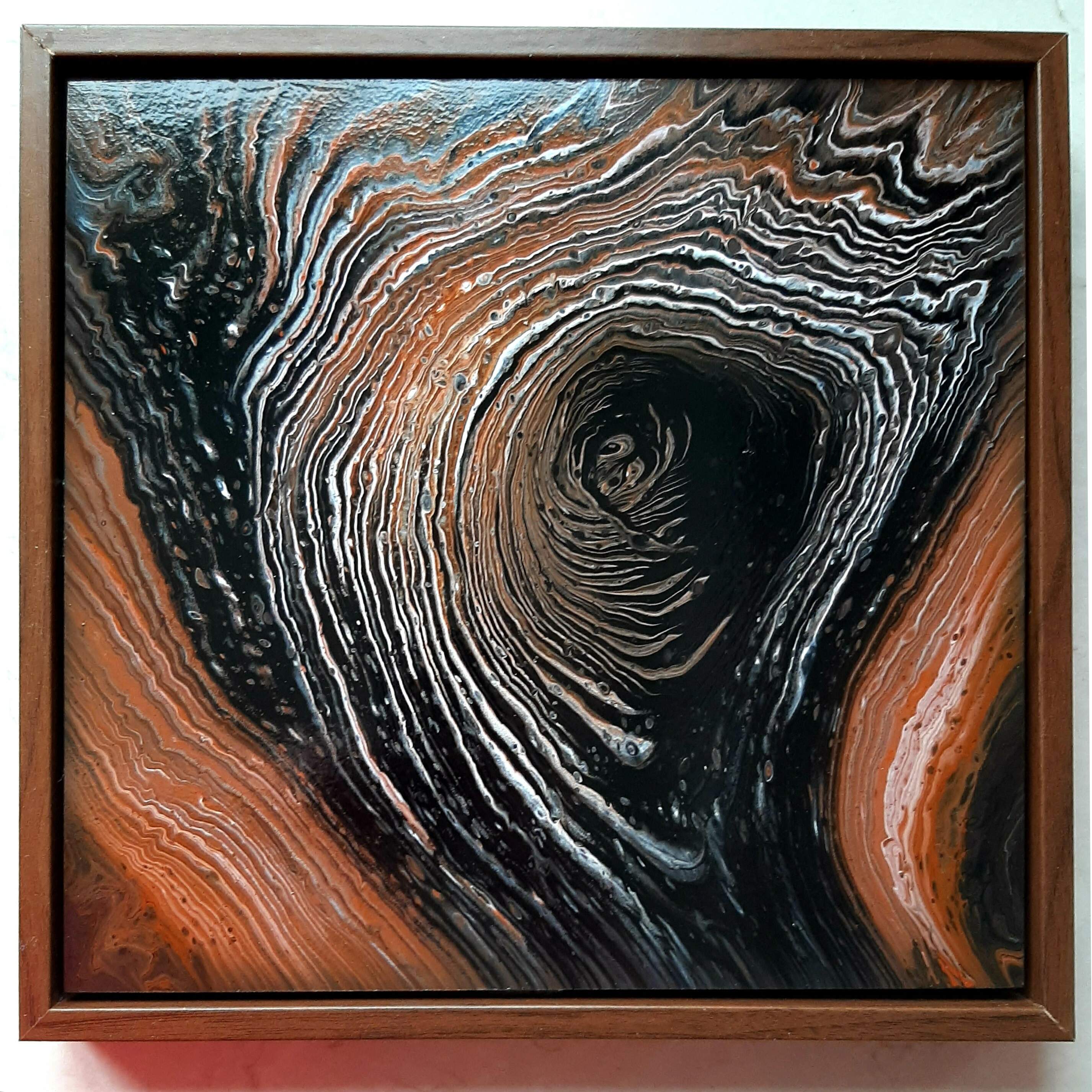 Fluid art ring pour on wooden panel with wooden box frame