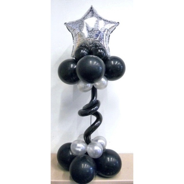 Silver and black balloon centerpiece on a stand
