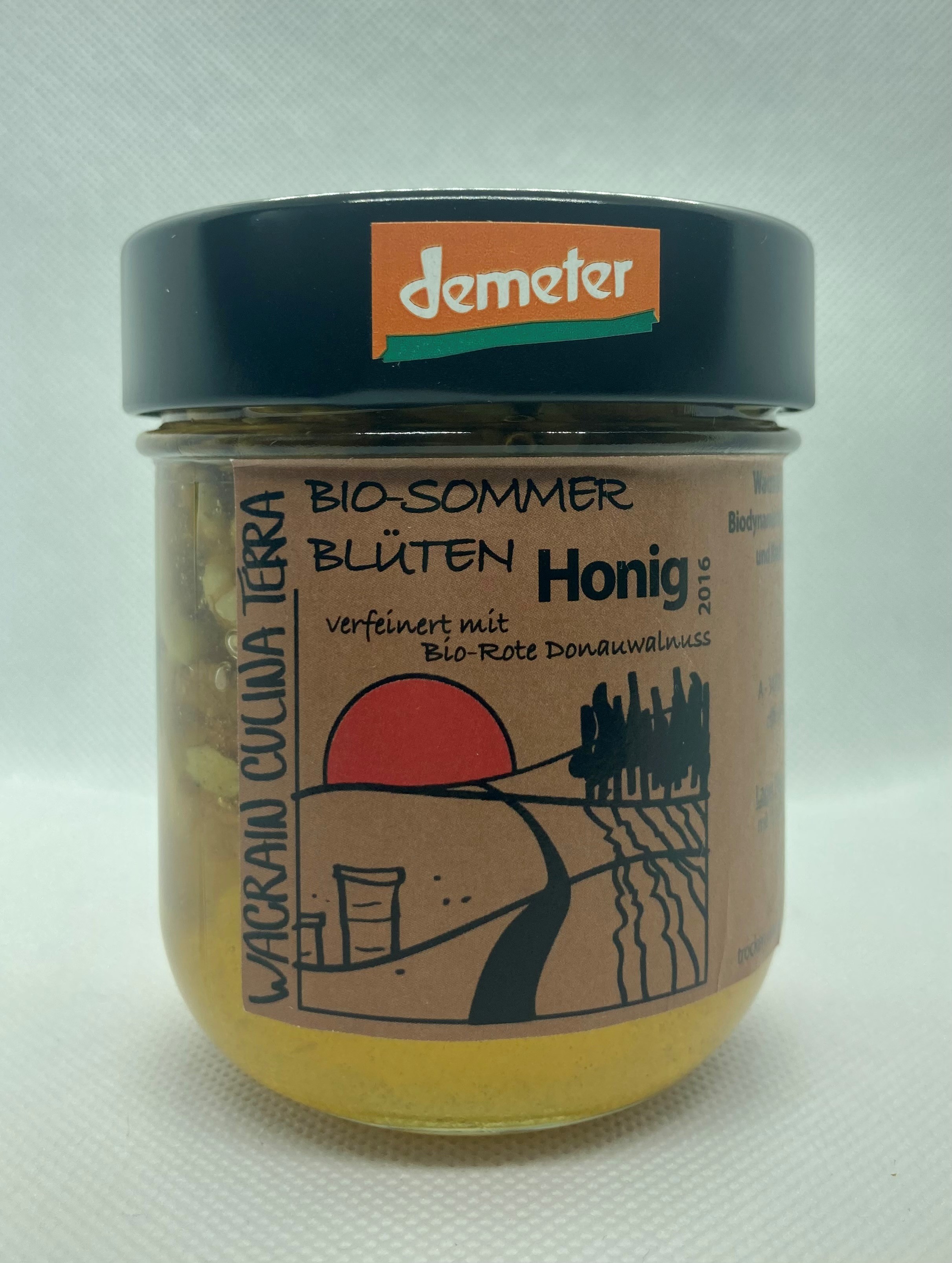 Bio-dynamischer-Sommer Blüten-Honig mit Bio-dynamischer Roten Donauwalnuss
