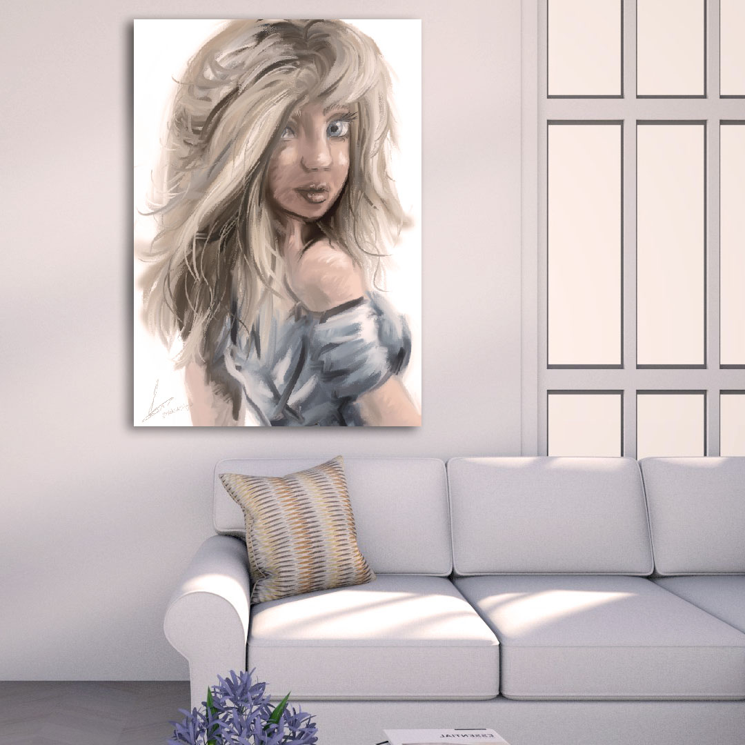 Blond haar blauwe ogen schilderij 84 x 120 cm