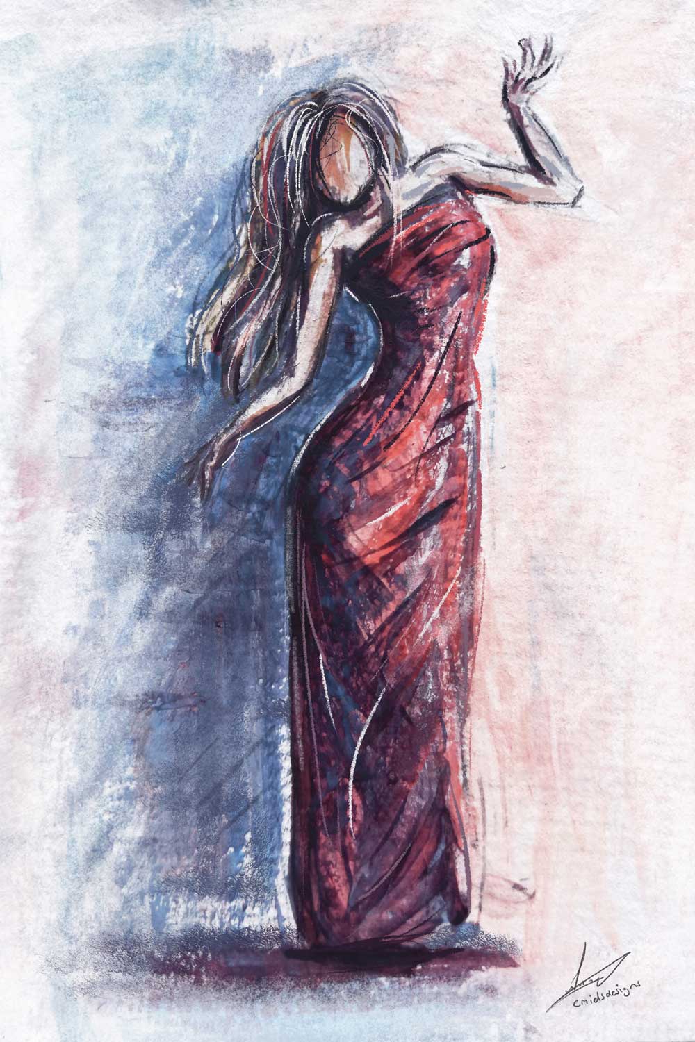 Dame met rode jurk - abstract schilderij
