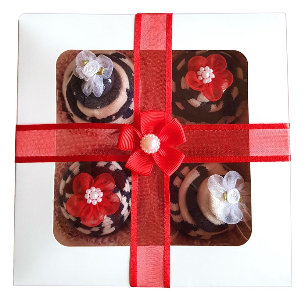 Women's Sock Cupcakes, Red Ribbon Gift Box