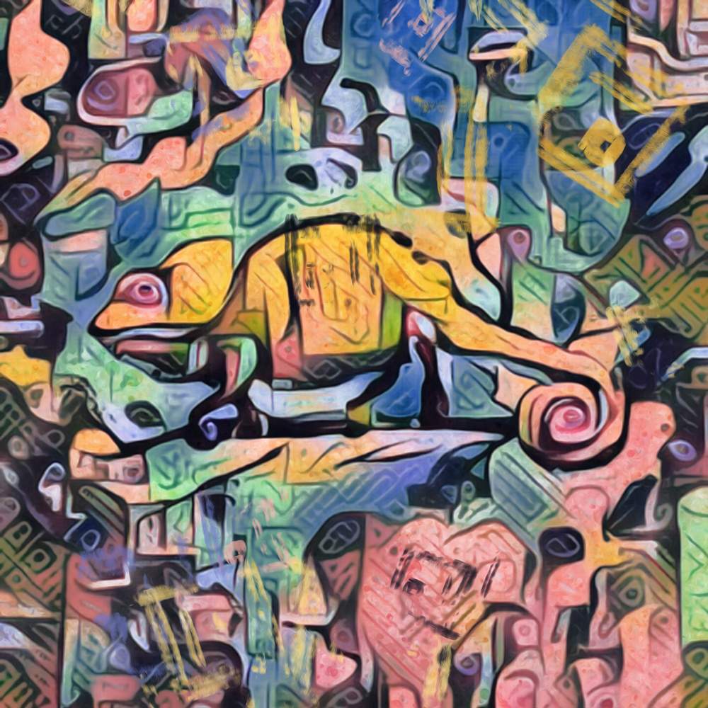Tweeluik - kleurig abstract op doek met lijst - hooglander en kameleon