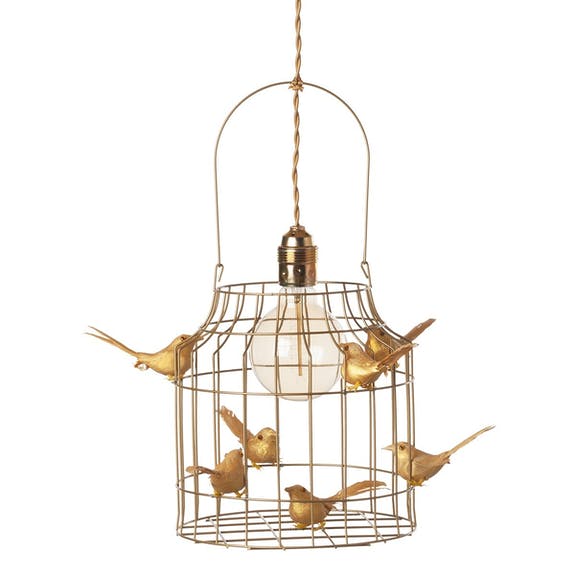 Goudkleurige vogelkooilamp met 9 vogeltjes, small