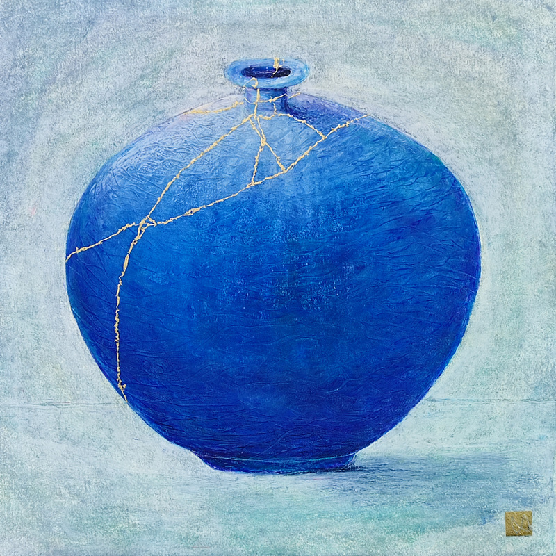Painting of a kintsugi vessel in a myriad of blue tones reminiscent of sunlight streaming through to depths of ocean.