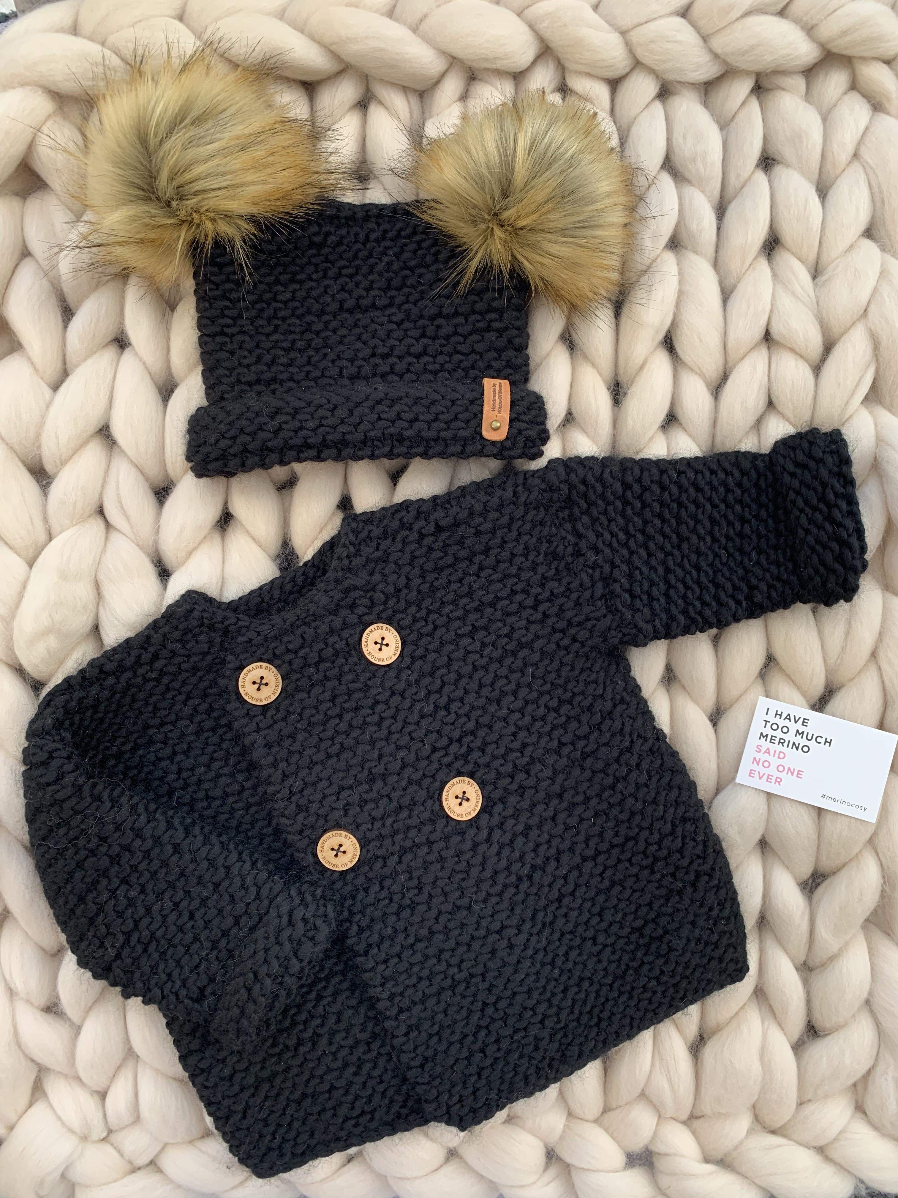 Merino chunky knit cardigan and double pom set