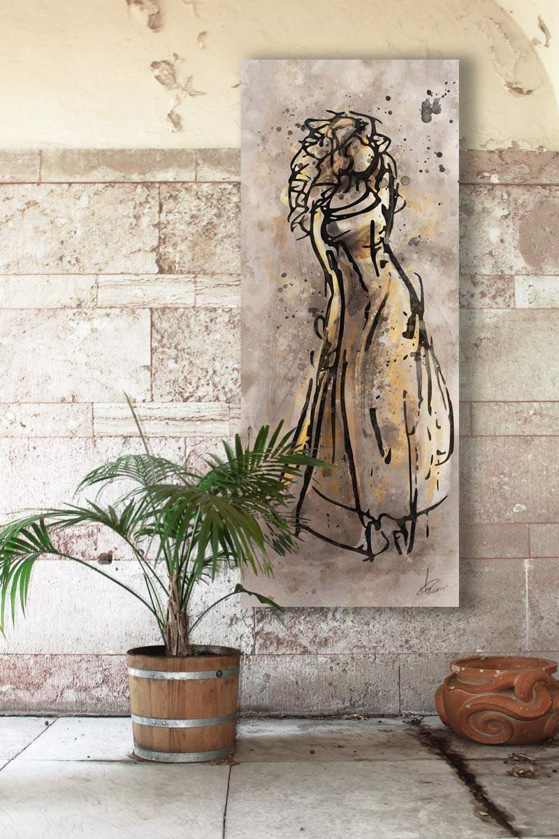 Luxe artwork - dame met krullende haren - goud geel en taupe