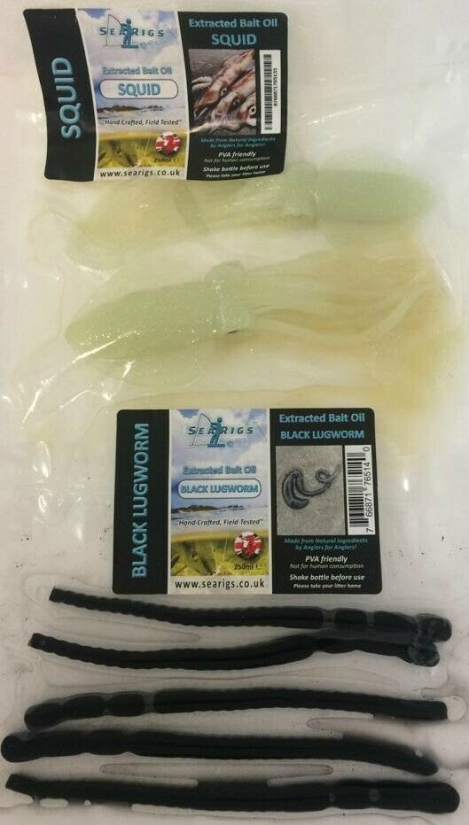 ARTIFICIAL WHOLE SQUID & BLACK LUGWORM IN NATURAL FLAVOURED BAIT ATTRACTOR