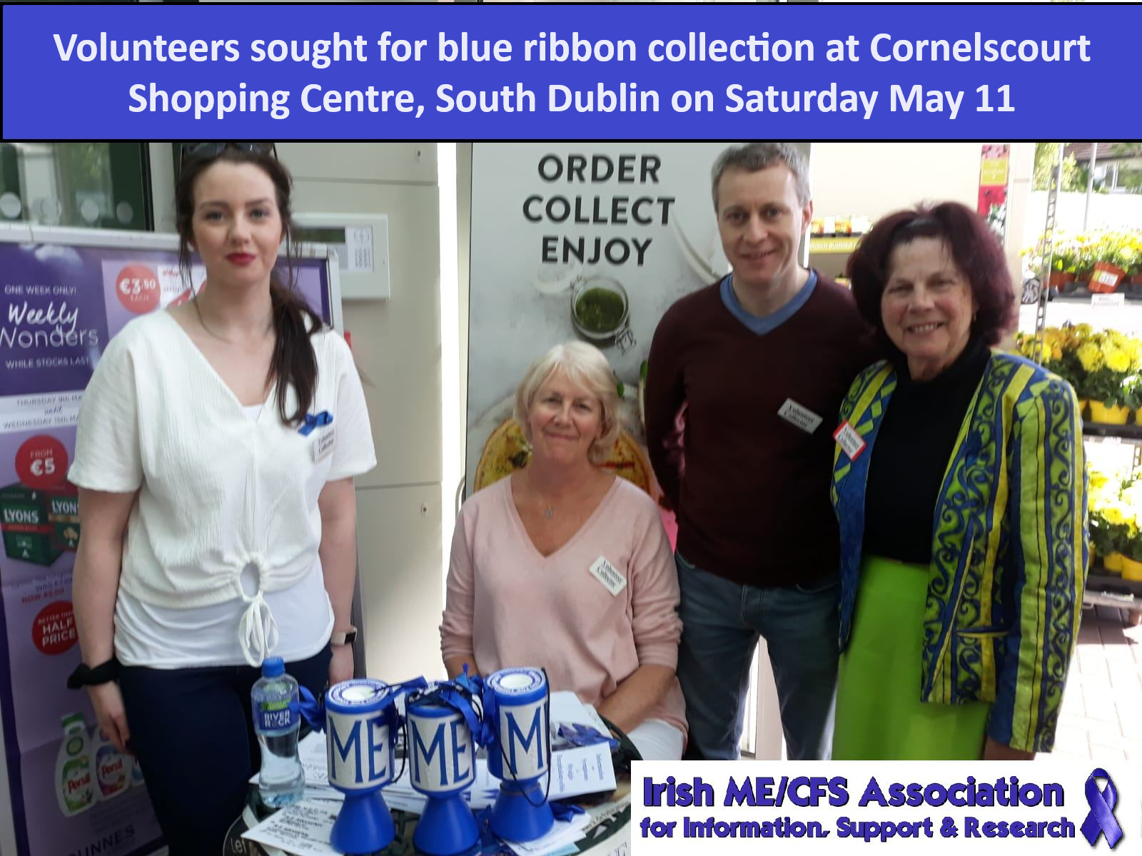 Volunteers sought for blue ribbon collection at Cornelscourt Shopping Centre, South Dublin on Sat May 11