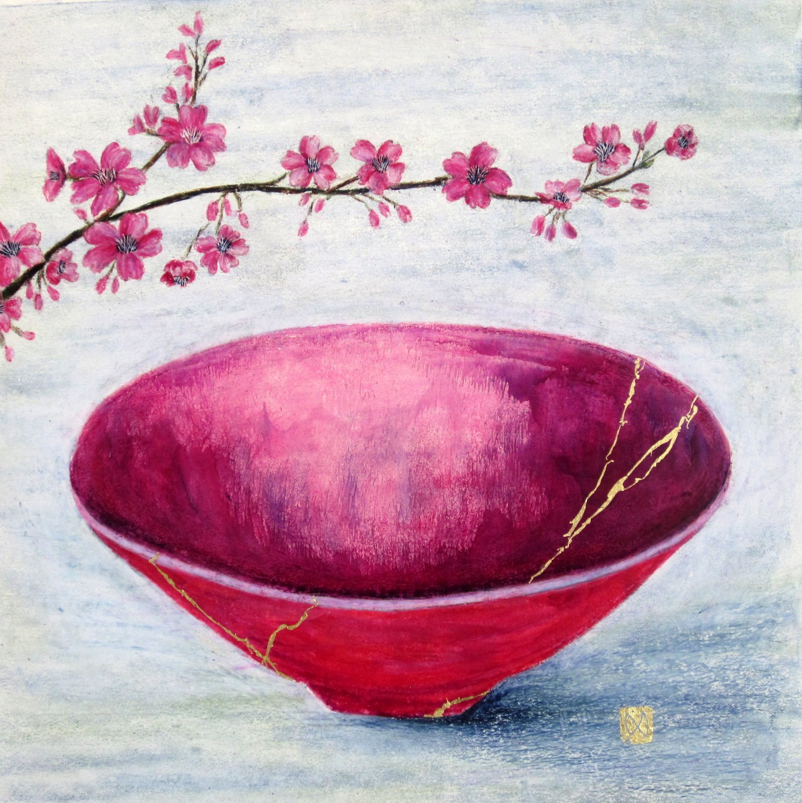 kintsugi bowl pink  magenta cherry blossom ikebana Irish art print