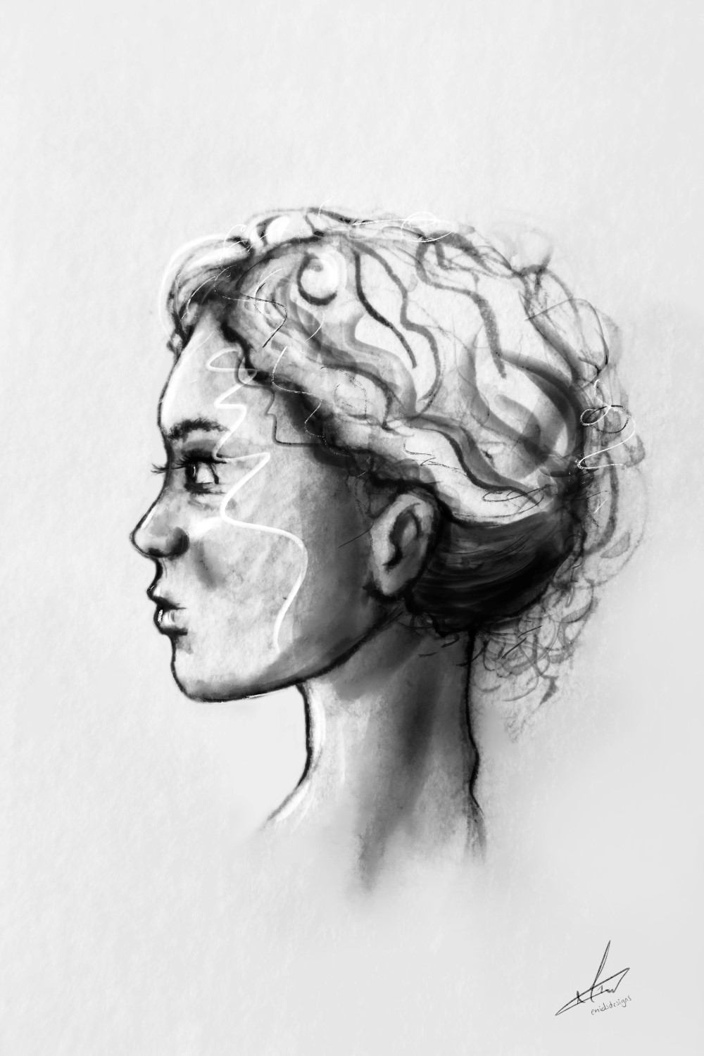 Zijkant profiel kunstwerk vrouw gezicht taupe of zwart wit