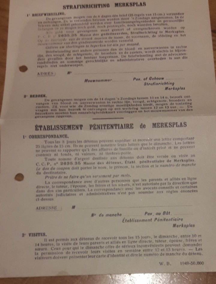 Blanco Briefpapier repressie gevangenen Strafinrichting Merksplas 1945 ( B 65 )