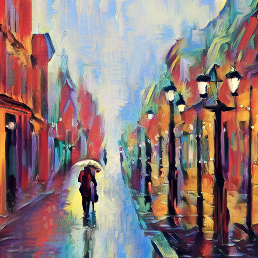 kleurig schilderij - regen in de stad