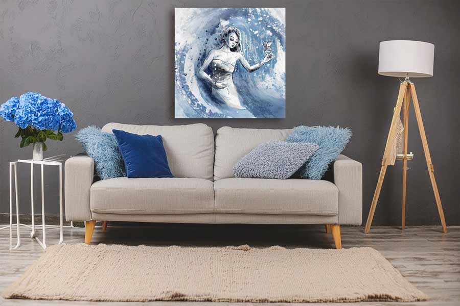 Kunstwerk en blauwe kleuren - water godin met vlinder