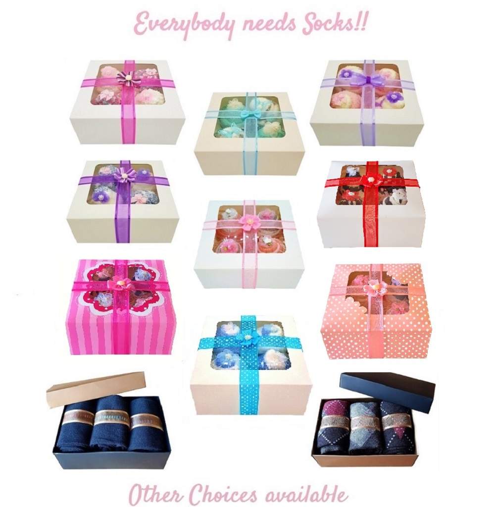 Women's Sock Cupcakes, Red Ribbon Gift Box